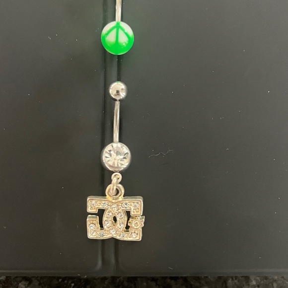 Two Belly Button Rings - Neon Green & White Peace Sign, DC Shoes & Rhinestones - Picture 3 of 3
